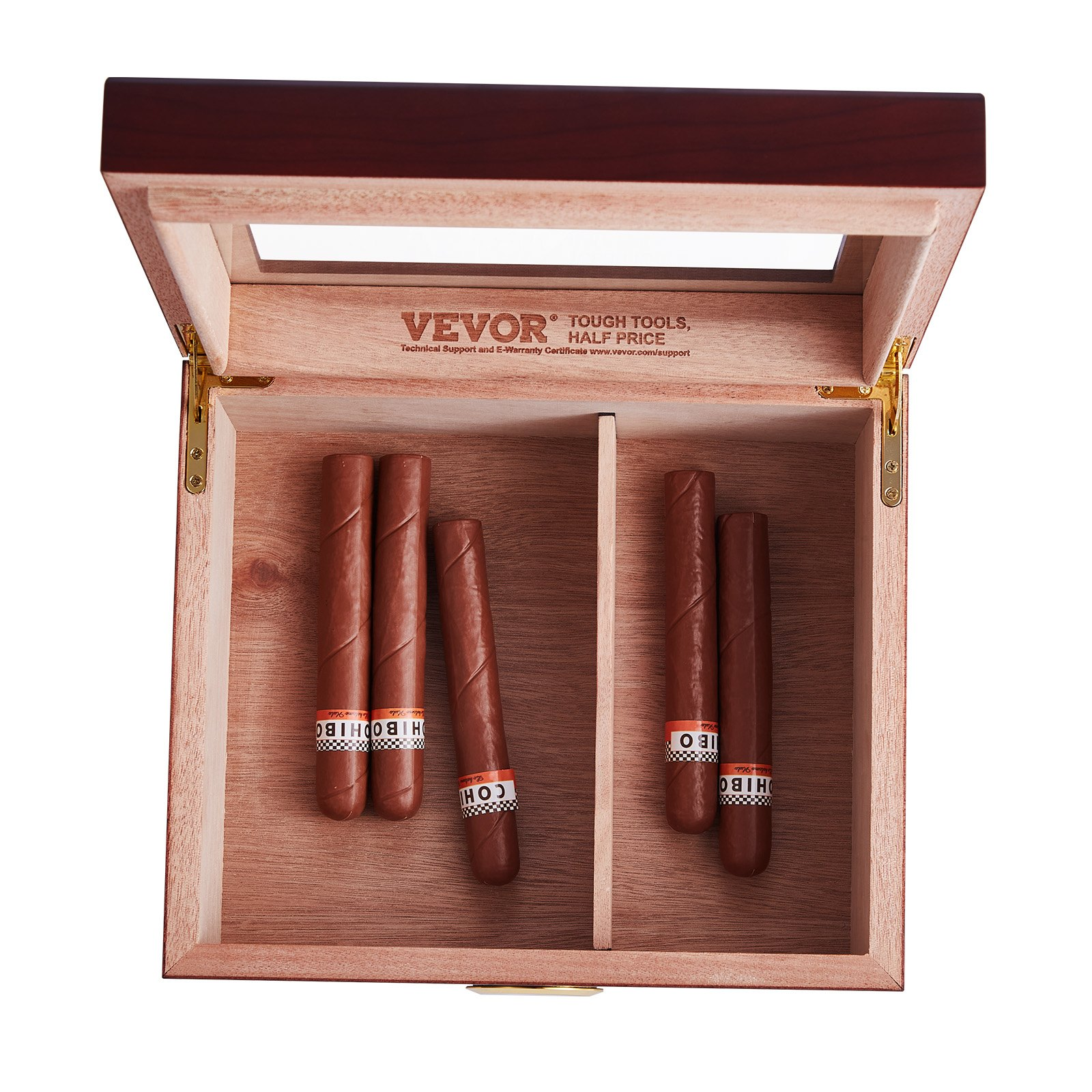 VEVOR 50 Cigars Humidor with glasstop, cedar wood storage box, built-in humidifier and hygrometer, holding 30-50 cigars.