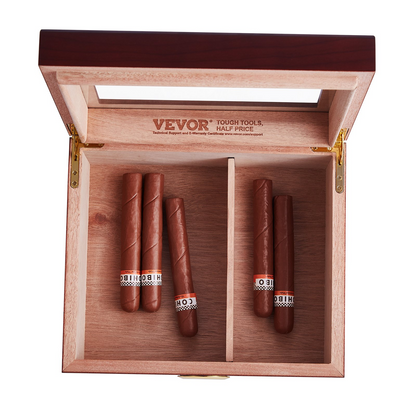VEVOR 50 Cigars Humidor with glasstop, cedar wood storage box, built-in humidifier and hygrometer, holding 30-50 cigars.