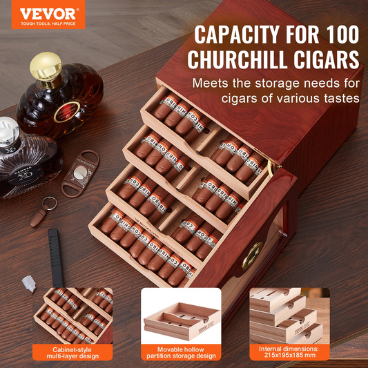 VEVOR 100 Cigar Humidor cabinet with cedar shelves, multi-layer design for storing up to 100 Churchill cigars, featuring a humidifier and hygrometer