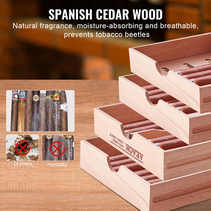 VEVOR 100 Cigar Humidor cabinet made of Spanish cedar wood with natural fragrance, moisture-absorbing, breathable features preventing tobacco beetles, suitable for 50-100 cigars.