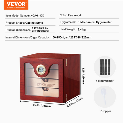 VEVOR 100 Cigar Humidor cabinet in pearwood with mechanical hygrometer, humidifiers, and dropper for 100-150 cigars capacity
