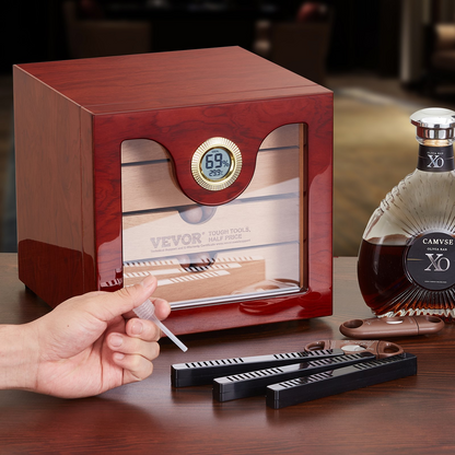 VEVOR 100 Cigar Humidor cabinet in polished cedar wood with built-in humidifier and hygrometer on table with cigar accessories and bottle.