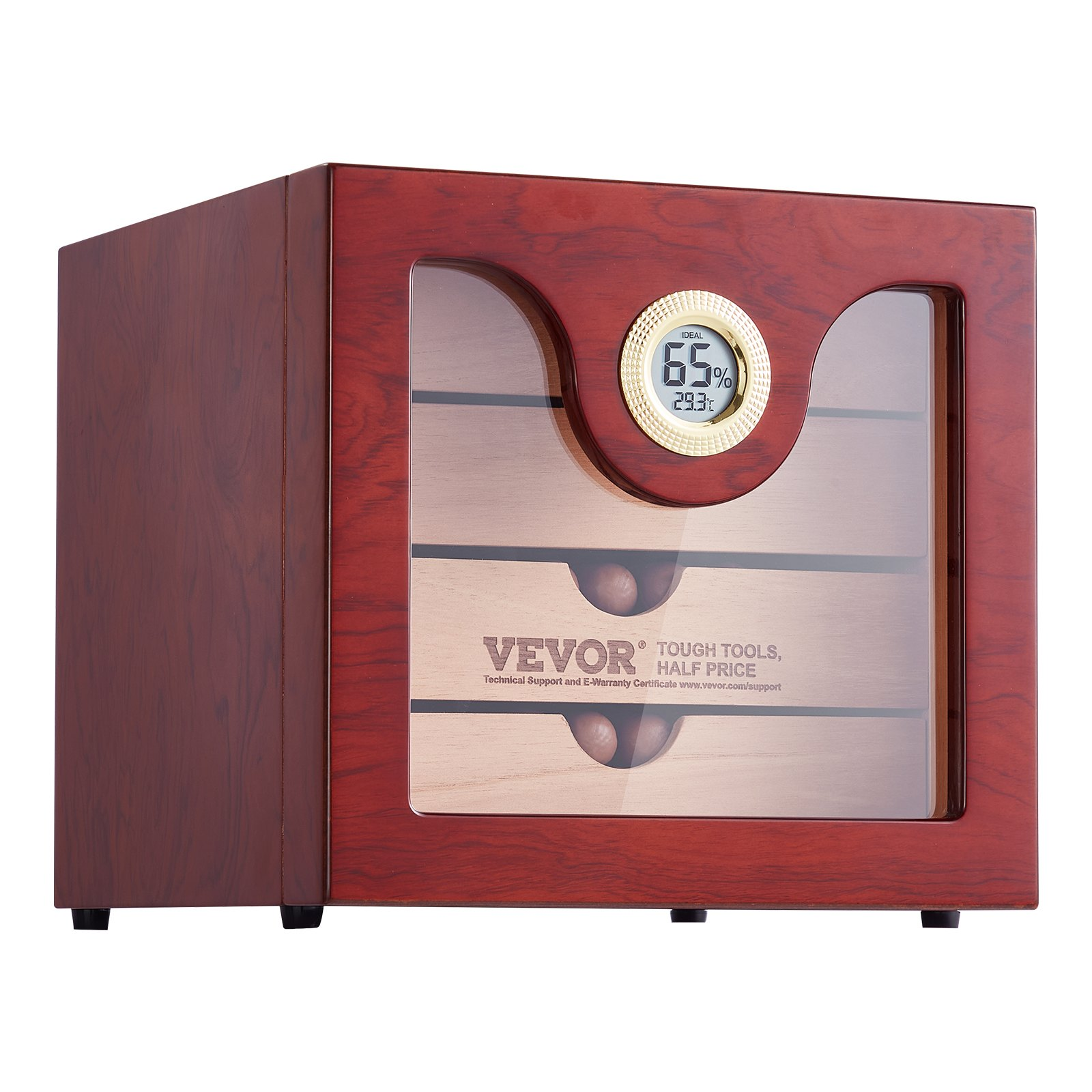 VEVOR 100 Cigar Humidor wooden cabinet with glass front, built-in hygrometer, and cedar shelves for 50-100 cigars.