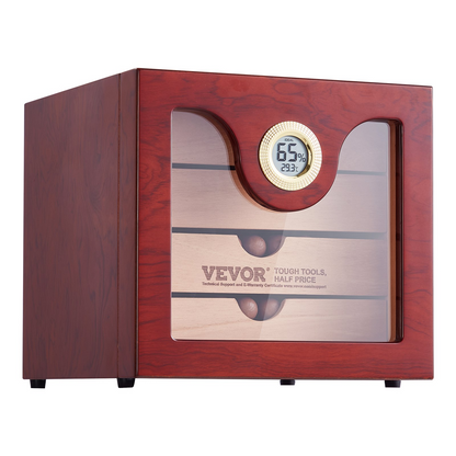 VEVOR 100 Cigar Humidor wooden cabinet with glass front, built-in hygrometer, and cedar shelves for 50-100 cigars.