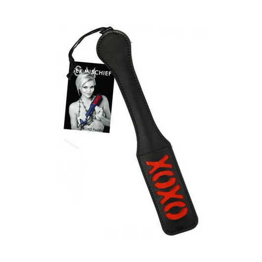 Black Spank My Pleasure Paddle with red XOXO design, 12-inch vinyl paddle for playful impact