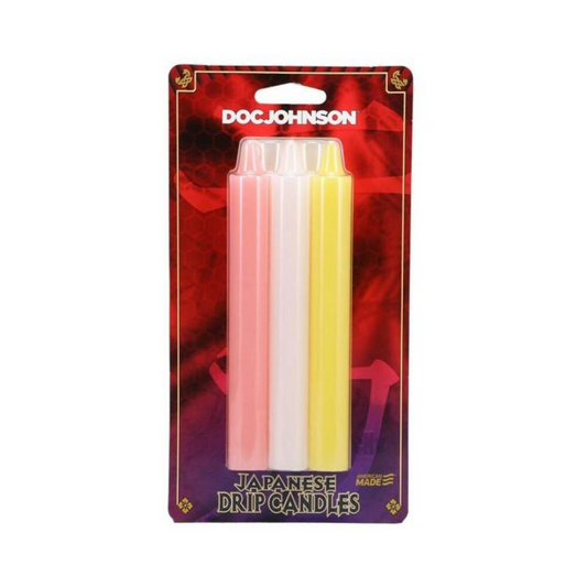 Set of three Japanese Drip Candles in pink, white, and yellow for sensation play and ambiance.