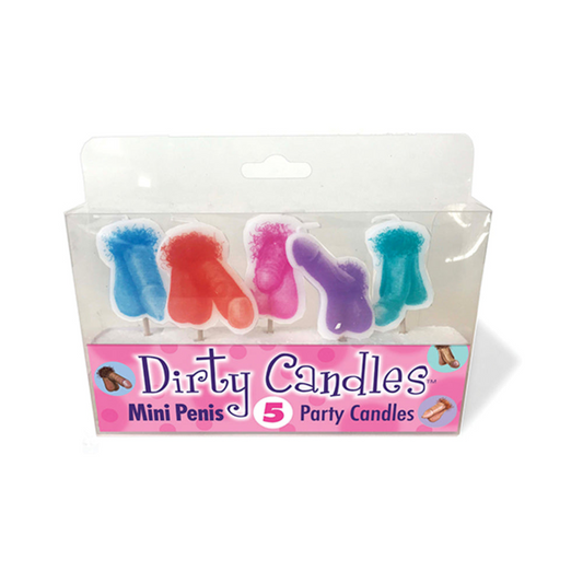 Set of five mini penis-shaped colorful party candles named Dirty Penis Candles in blue, red, pink, purple, and teal.