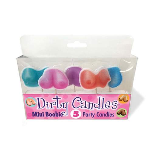 5 PC Mini Dirty Boobs Candles party set with colorful wax candles in teal, pink, purple, red, and blue shapes.