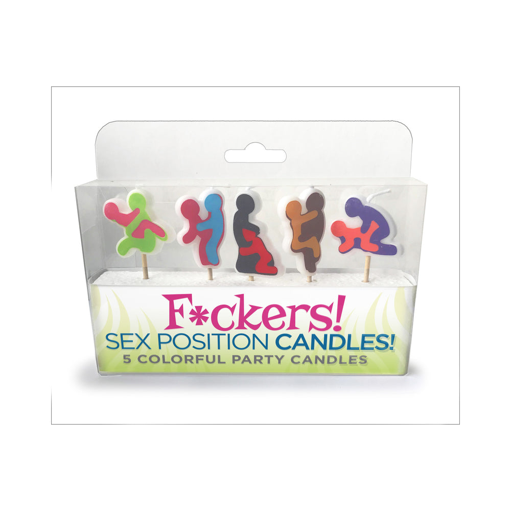 Colorful F*ckers Sex Position Candles set with five playful adult-themed designs for party decorations