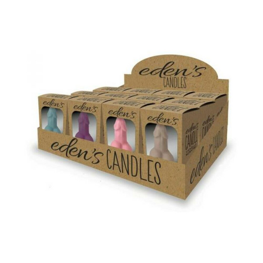 Eden's Penis Candles 12-piece display with vanilla-scented, 3-inch candles in blue, eggplant, rose, and taupe colors.