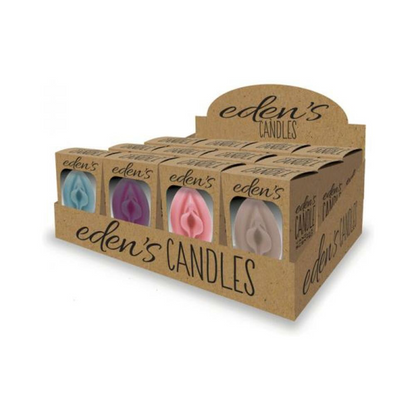 12-piece display of Eden's Vagina Candles in blue, eggplant, rose, and taupe colors with vanilla scent and 12-hour burn time