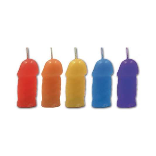 Set of five rainbow pecker party candles in assorted colors, jasmine scented, 2.5 inches long.