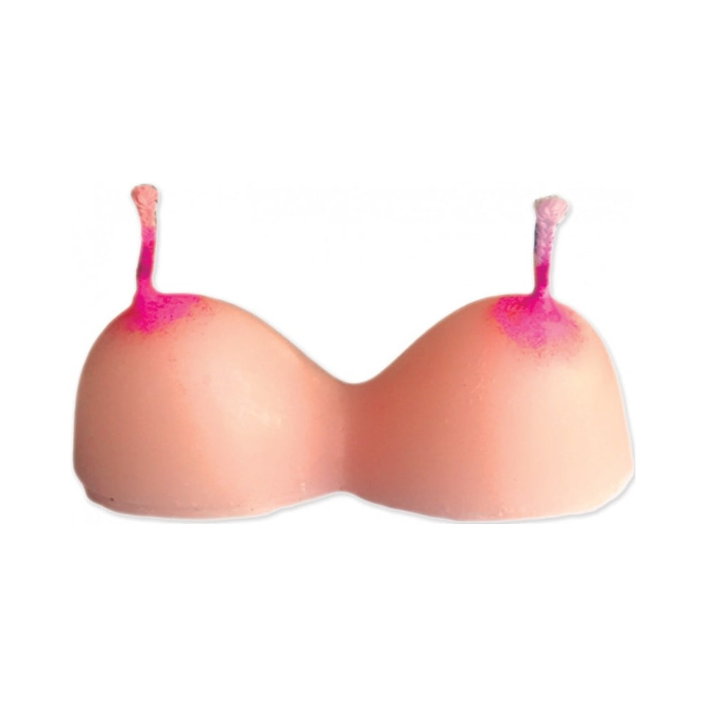 Boobie D-Cup shaped novelty wax party candle with two pink wicks