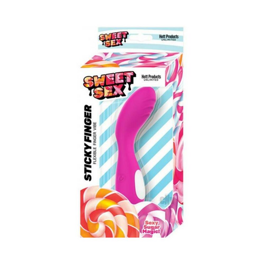 Sweet Sex Sticky Fingers flexible silicone vibrator with contoured head and 7 vibration modes in pink packaging