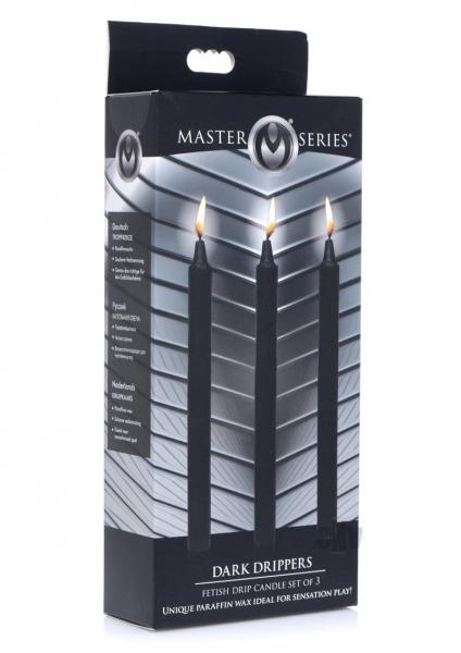 Box of three black fetish drip candles for sensation play by Master Series