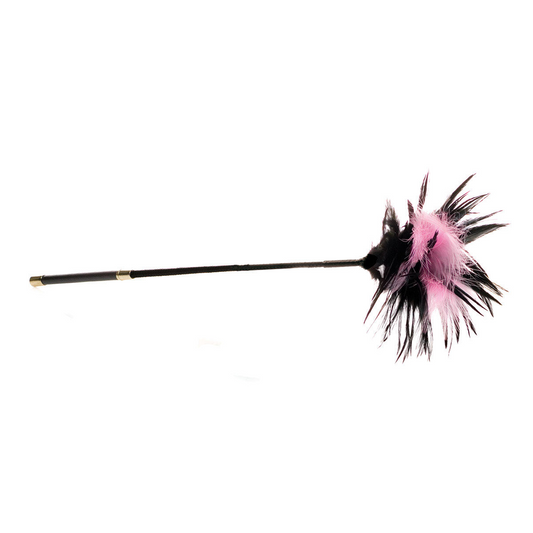 Sex Kitten Feather Tickler with soft pink and black feathers and a sleek black handle for playful teasing.