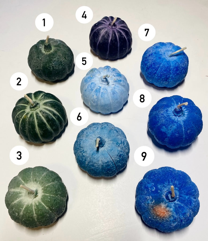 Handmade cool colored pumpkin soy candles in various blue and green shades with seasonal essential oil scent, 3x3 inches each