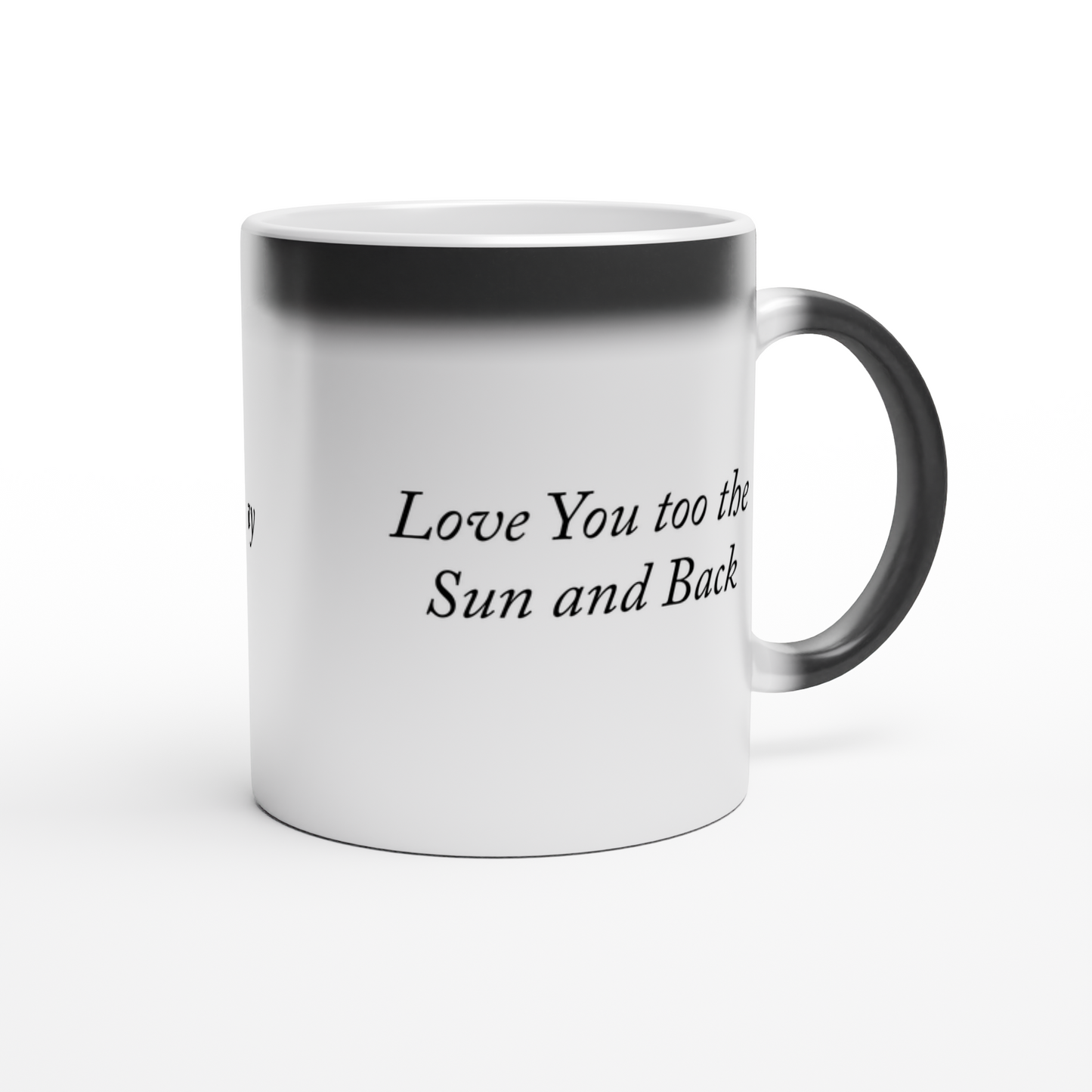 Magic 11oz ceramic mug with black glossy finish that reveals custom photo and message when filled with hot liquid.