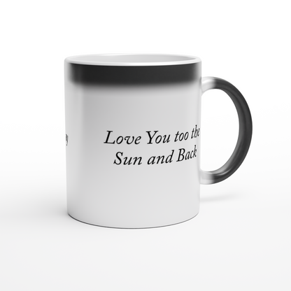 Magic 11oz ceramic mug with black glossy finish that reveals custom photo and message when filled with hot liquid.