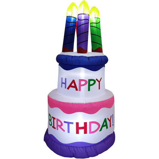 5ft inflatable birthday cake decoration with colorful candles and "Happy Birthday" text, illuminated for outdoor use