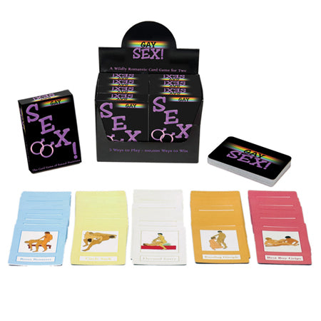 Gay Sex Card Game with colorful illustrated cards depicting sexual positions and foreplay activities for couples.
