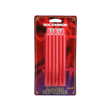 Three-pack of red Japanese Drip Candles for hot wax play in branded packaging