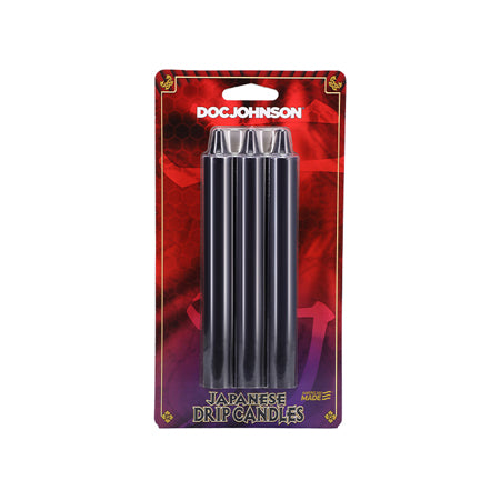 Three-pack of black Japanese drip candles for sensation play with non-toxic wax in retail packaging