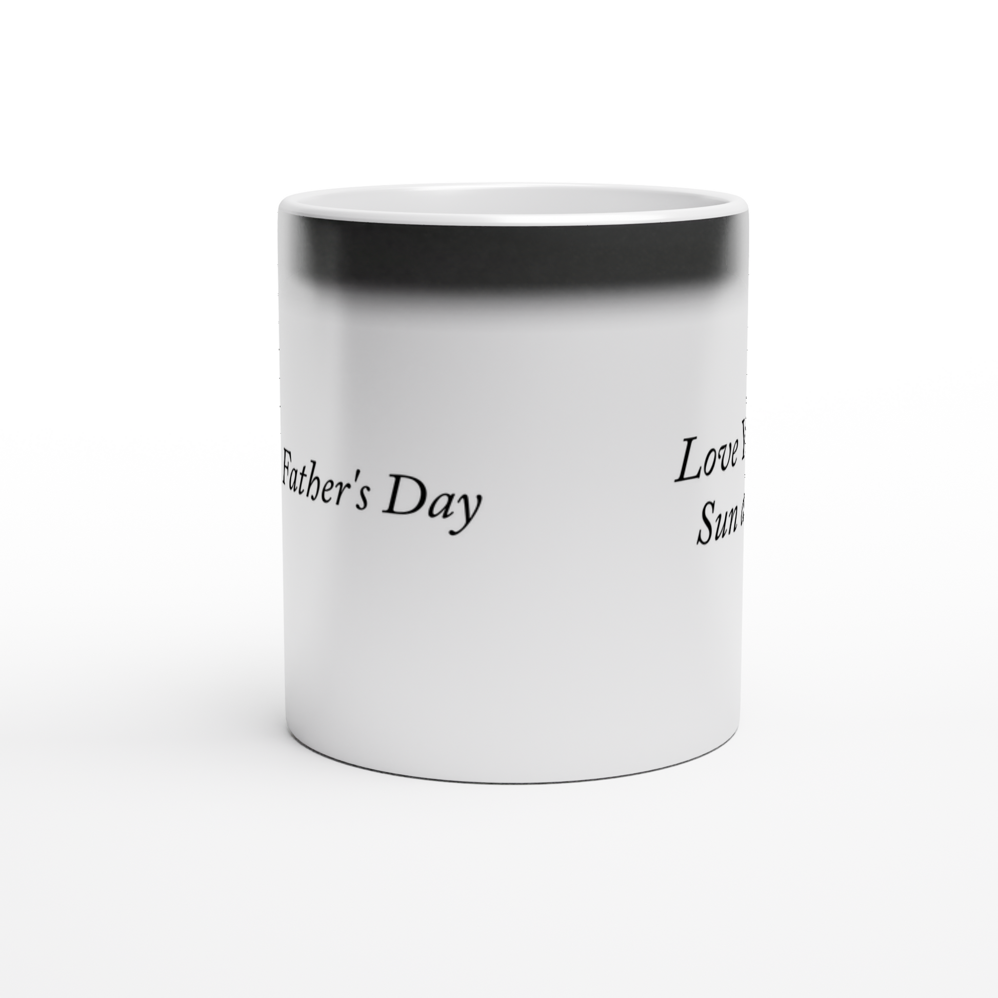 Magic 11oz ceramic mug with black glossy finish that reveals custom photo and message when filled with hot beverage.