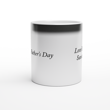 Magic 11oz ceramic mug with black glossy finish that reveals custom photo and message when filled with hot beverage.