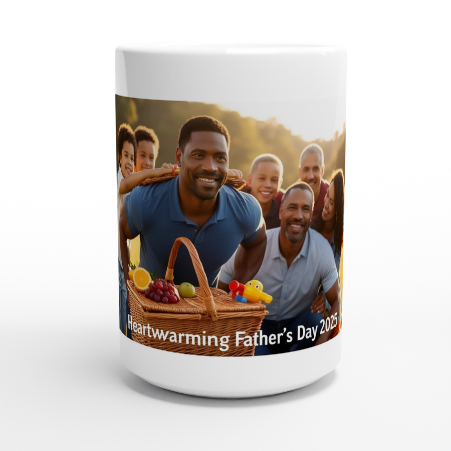 Customizable 15oz ceramic mug with a family photo and "Heartwarming Father's Day 2025" message, dishwasher and microwave safe.