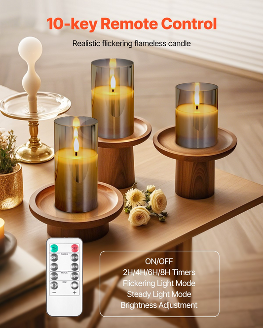 Flameless LED candles 3 pack with remote control on wooden stands displaying realistic flickering light.