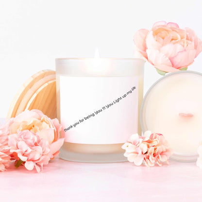 Pink Wick Frosted Candle with natural off-white coconut apricot wax, wooden lid, and floral accents