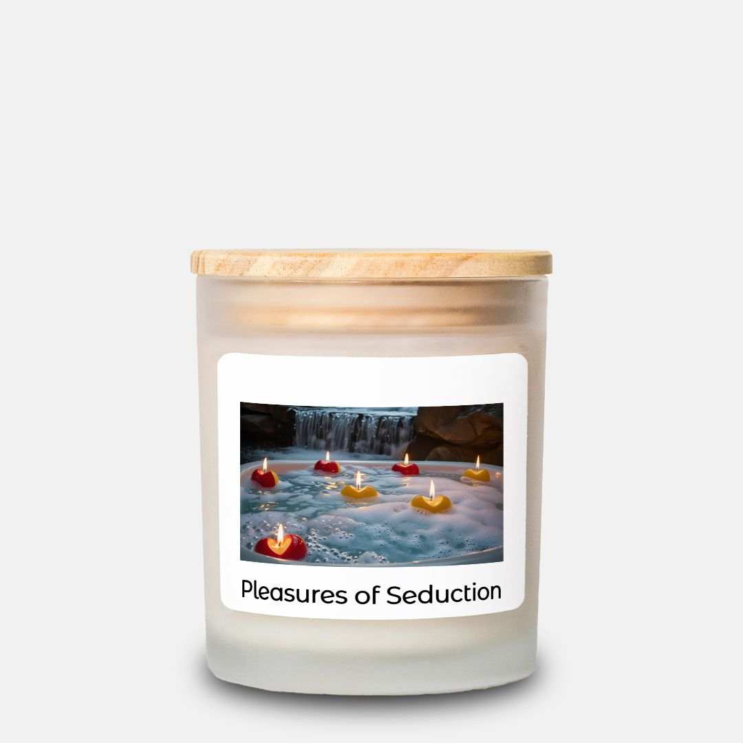 Frosted glass candle with wooden lid featuring "Pleasures of Seduction" label, natural off-white coconut soy wax blend, 11 oz size.