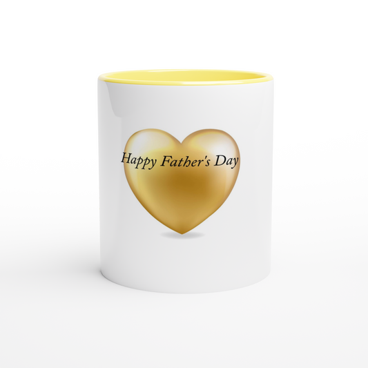 Customizable Father's Day 11oz ceramic mug with yellow rim and handle, white exterior, and gold heart design with "Happy Father's Day" text.