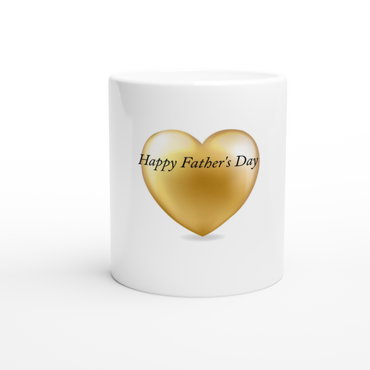 Customizable Father's Day 11oz ceramic mug with gold heart and "Happy Father's Day" text, microwave and dishwasher safe.