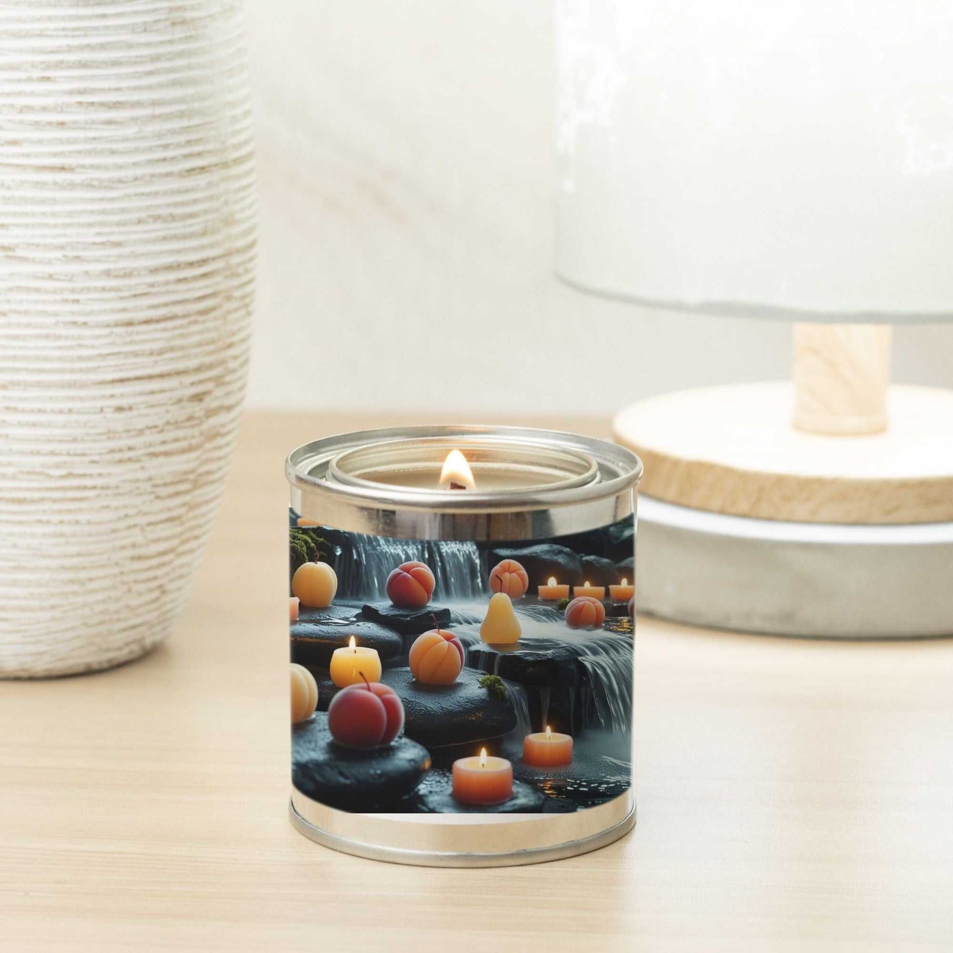 Candle Paint Can hand poured 8 oz with fruity candle design and lit wick on wooden table with decor background