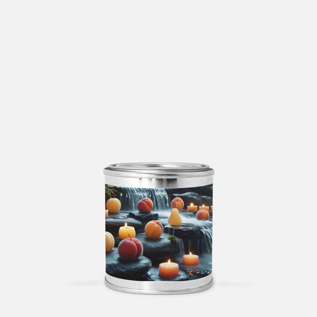 Hand poured 8 oz candle in a paint can container with waterfall and fruit design, available in eight scents.