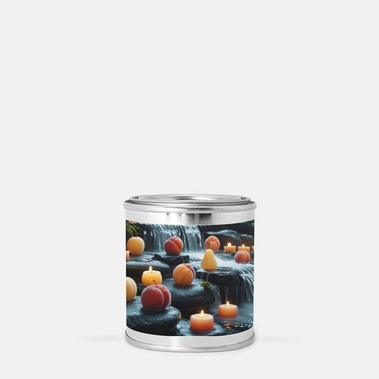Hand poured 8 oz candle in a paint can container with waterfall and fruit design, available in eight scents.