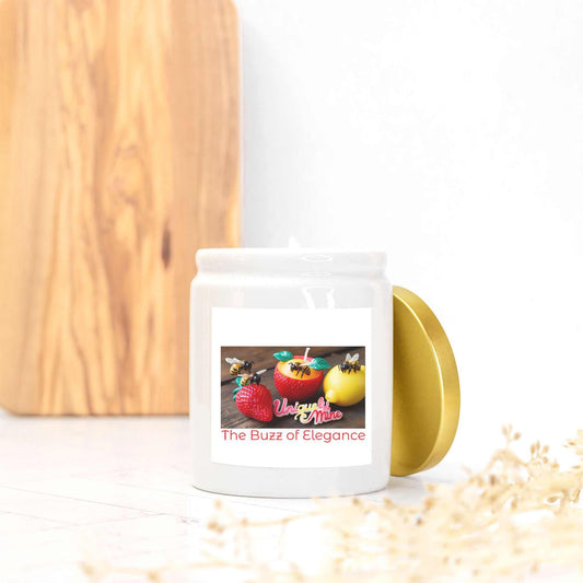 Modern Farmhouse ceramic candle with gold lid, vegan coconut soy wax, clean-burning fragrance, elegant contemporary decor.