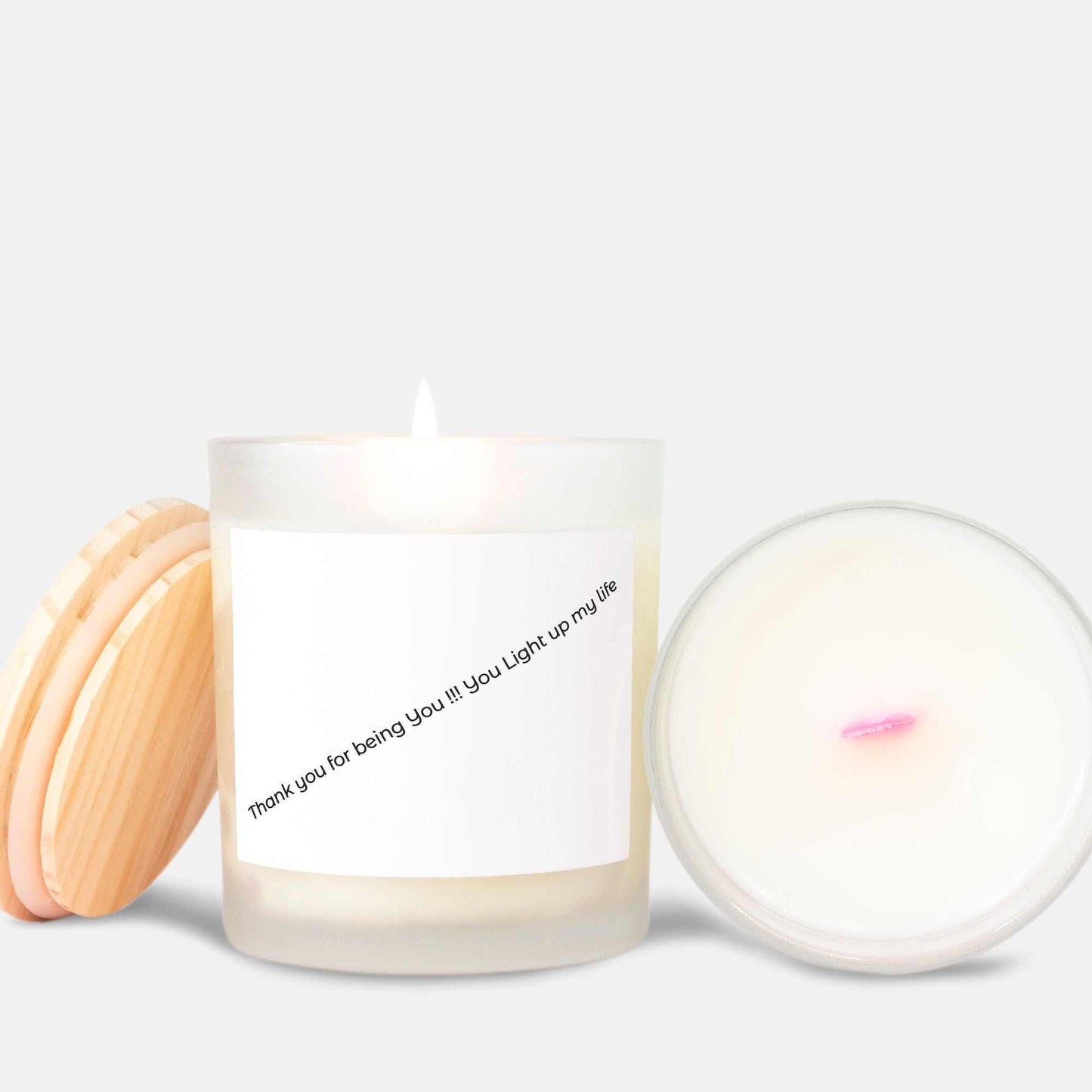 Pink Wick Frosted Candle with natural off-white coconut apricot wax, wooden lid, and a pink wooden wick in an 11 oz frosted glass jar with a motivational label.